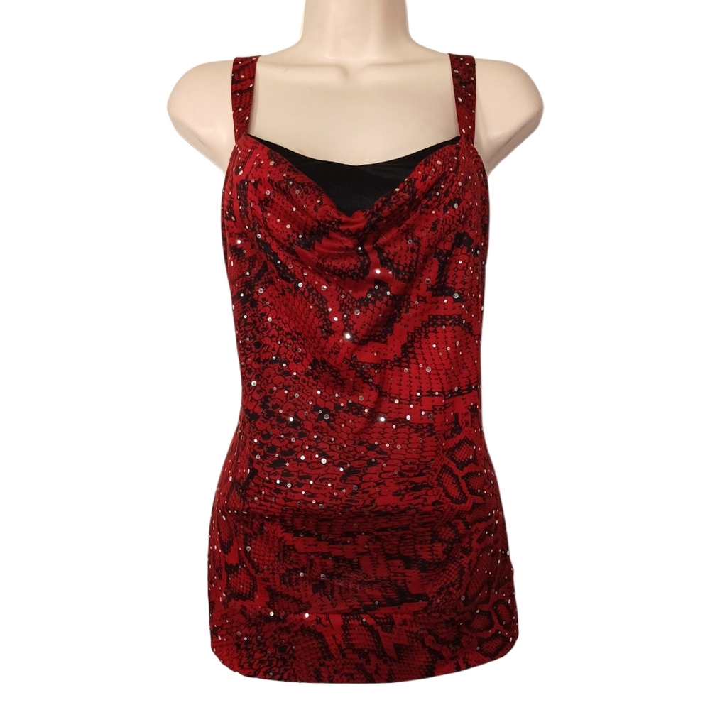 GLO JEANS Red Black Snake Animal Print Sleeveless Cowl Top Large Juniors